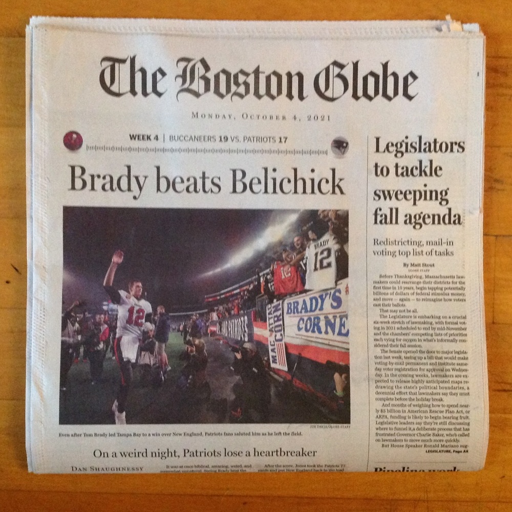 Tom Brady Returns Beats Patriots/ Belichick Boston Globe Newspaper 10/4/21